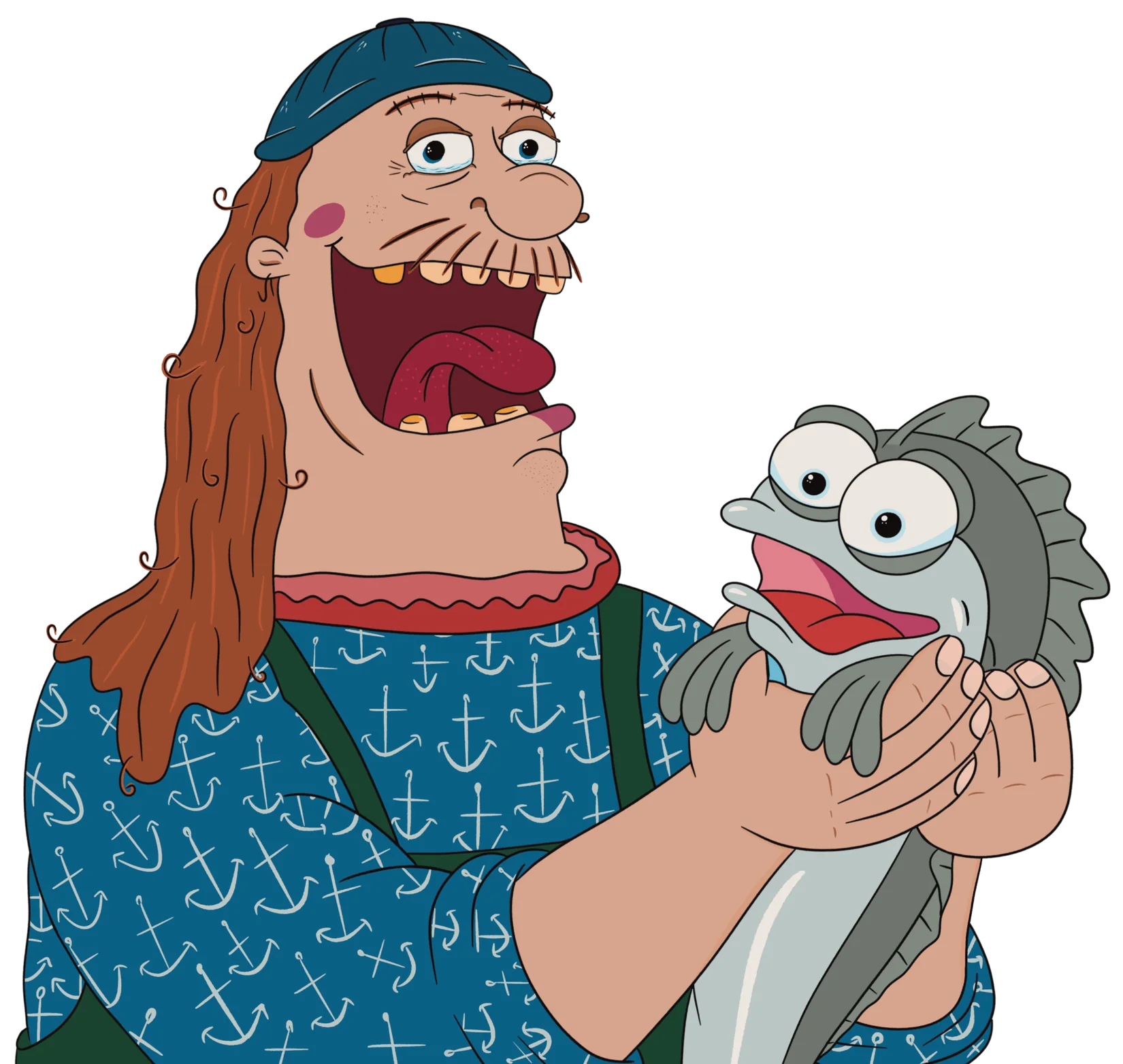 Illustration af Fisker-Troels med Bette Sild i hænderne